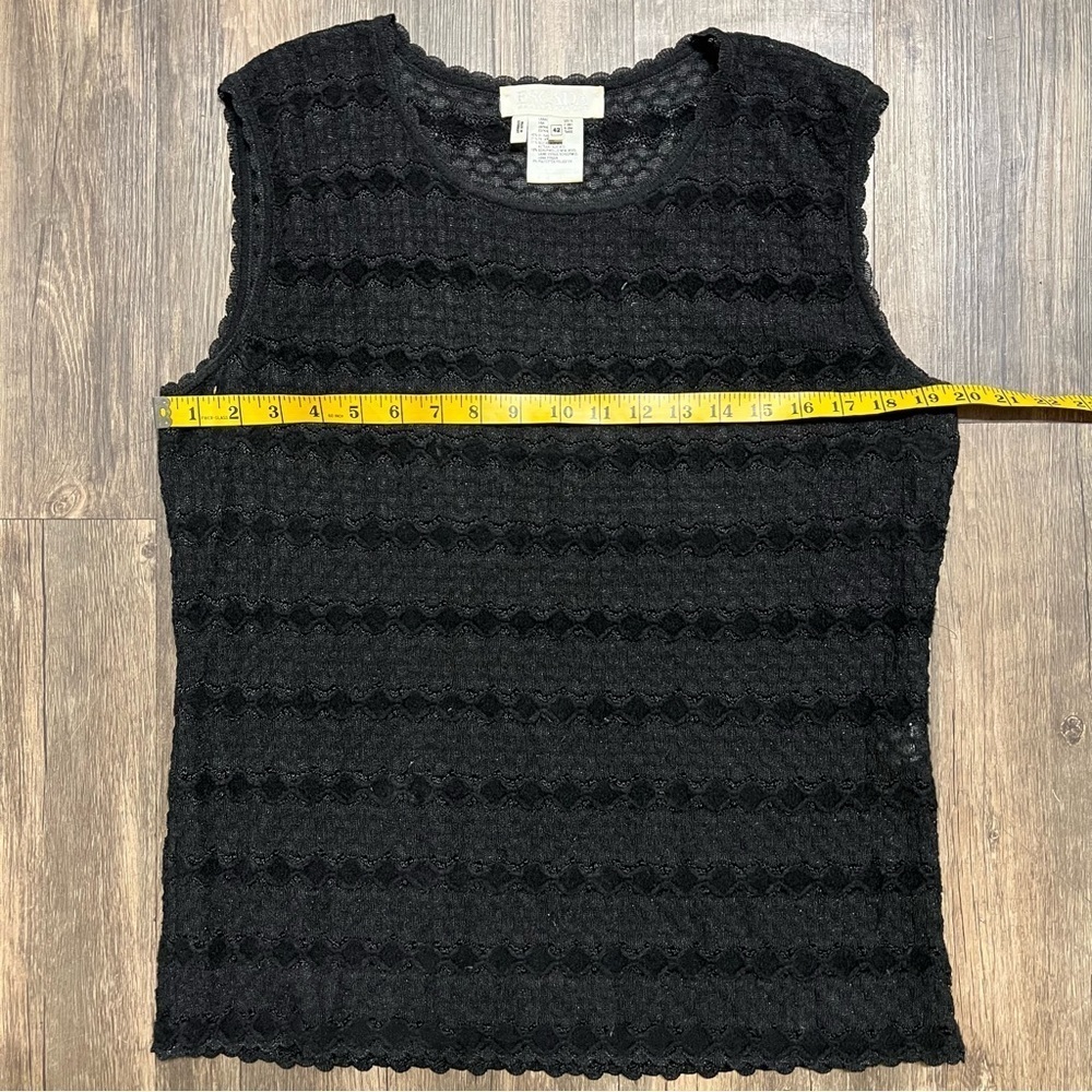 Escada Margaretha Ley Black Sheer Short Sleeve Velvety Top Blouse Scoop Neck L - Picture 10 of 12